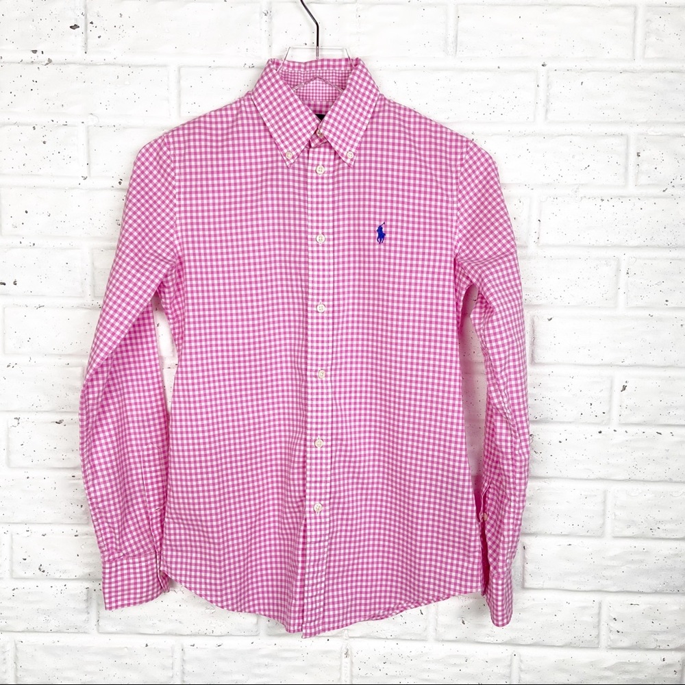RALPH LAUREN Pink Gingham Button  long sleeve top